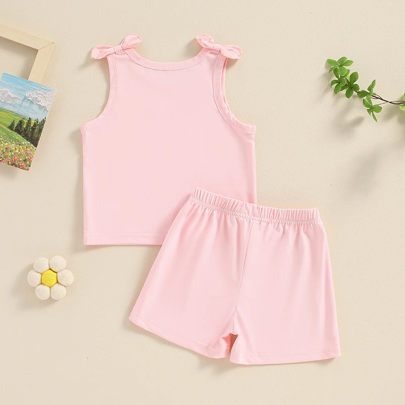 Adorable camiseta sin mangas para niña con lindo estampado gráfico y pantalones cortos de cintura elástica a juego para diversión de verano