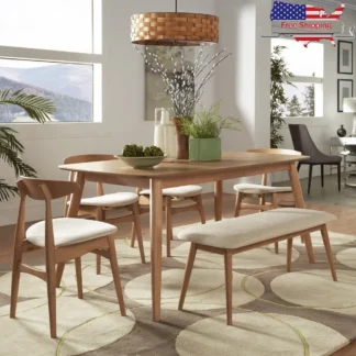 Mesa de comedor moderna de mediados de siglo de 63 pulgadas, patas cónicas de madera de caucho, acabado natural, uso interior, diseño rectangular, requiere ensamblaje