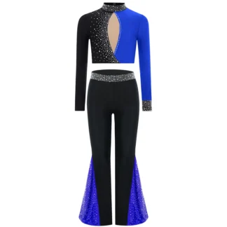 Traje de baile de Jazz lírico para niñas, Ropa de baile para patinaje artístico, gimnasia, Top corto de manga larga con bloques de Color + Pantalones con fondo de campana