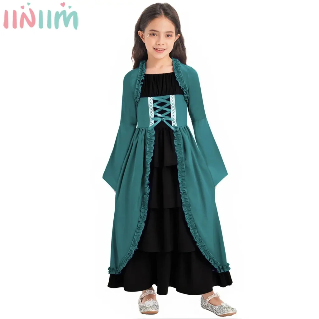 Disfraz de actuación de Cosplay del Renacimiento Medieval para fiesta de Halloween para niñas, vestido campesino Vintage con volantes en capas de manga larga