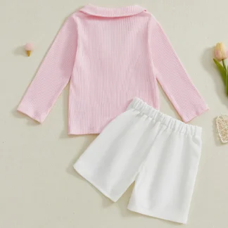 Adorable conjunto de 2 piezas para niñas pequeñas con top acanalado de manga larga y pantalones cortos de flores en 3D: conjunto de moda elegante para los más pequeños