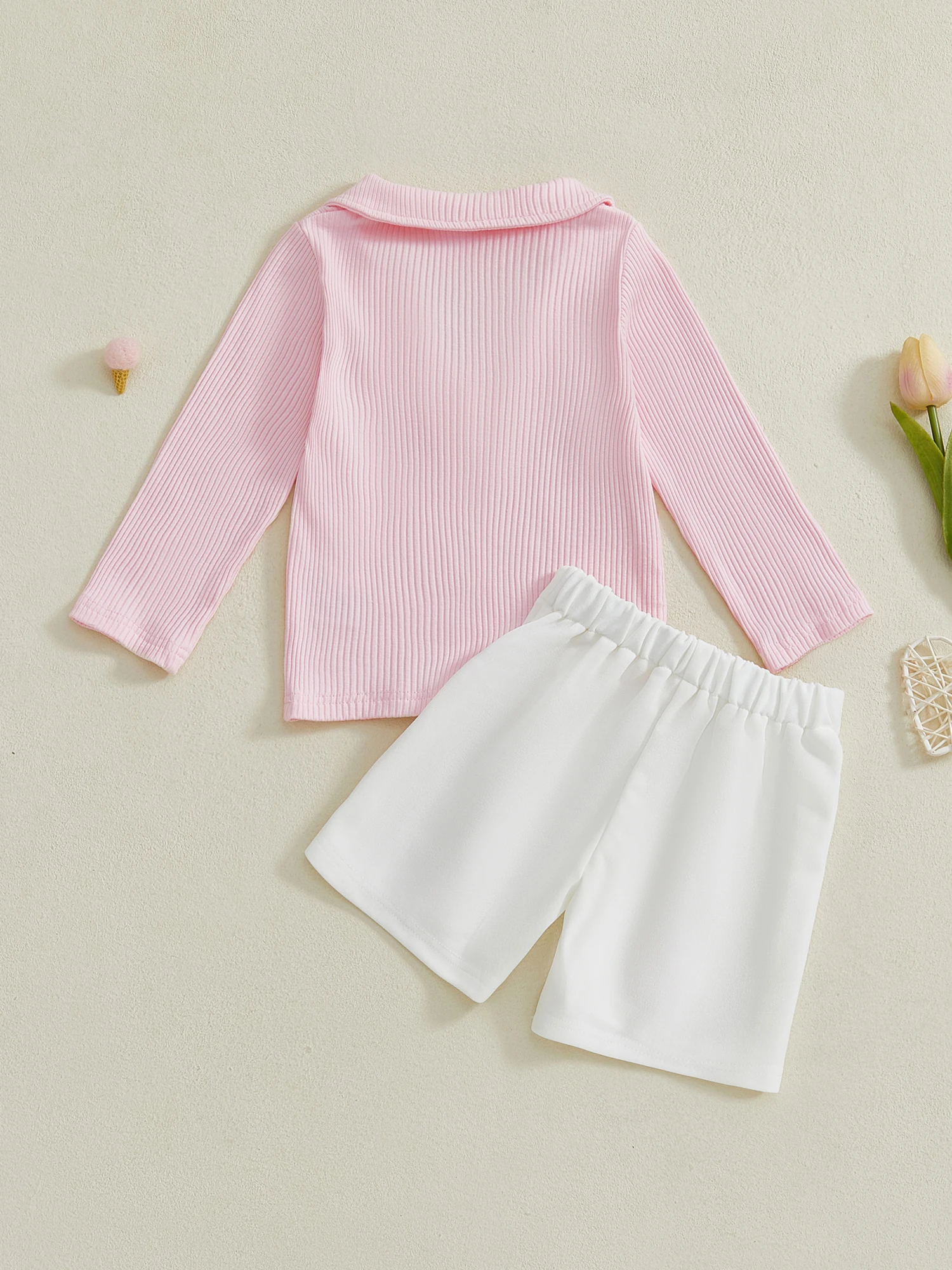 Adorable conjunto de 2 piezas para niñas pequeñas con top acanalado de manga larga y pantalones cortos de flores en 3D: conjunto de moda elegante para los más pequeños