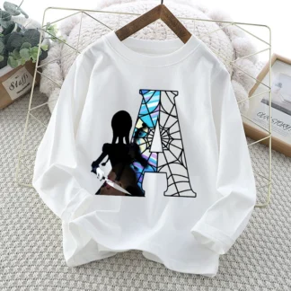Nueva camiseta de miércoles Addams para niños, camisetas de manga larga con estampado de dibujos animados Kawaii, camisetas informales para niños y niñas, ropa de otoño para niños