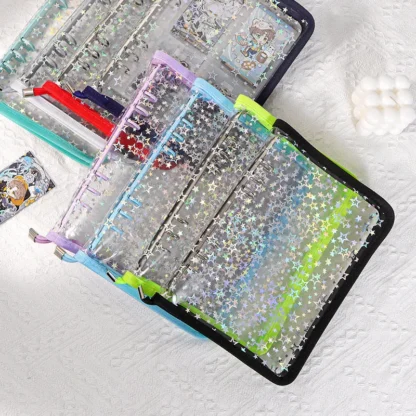 Sharkbang A5 Libro de colección de estrellas láser, cuaderno de diario basura con macarrones con cremallera, organizador de postales de anillas de carpeta