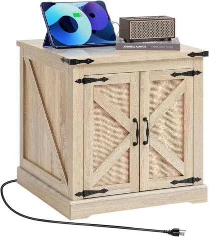 Mesa auxiliar de granja, mesa de centro rectangular de madera tejida de ratán PE, mesa de centro de almacenamiento de estilo bohemio moderno de 24 pulgadas con bisagras de metal