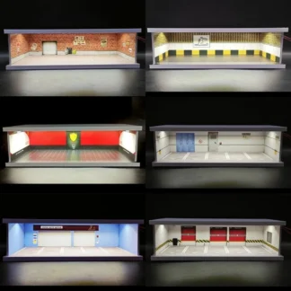 Diorama-modelo de garaje a escala 1/43, iluminación LED, estacionamiento de coche, telón de fondo, modelo de escena para Hot Wheels, modelo fundido a presión, vitrina de coche