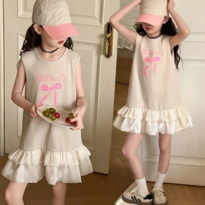 2025 verano ropa para niñas adolescentes vestido para niños sin mangas arco patchwork malla carta vestidos en capas 4 5 7 8 9 11 12 13 años