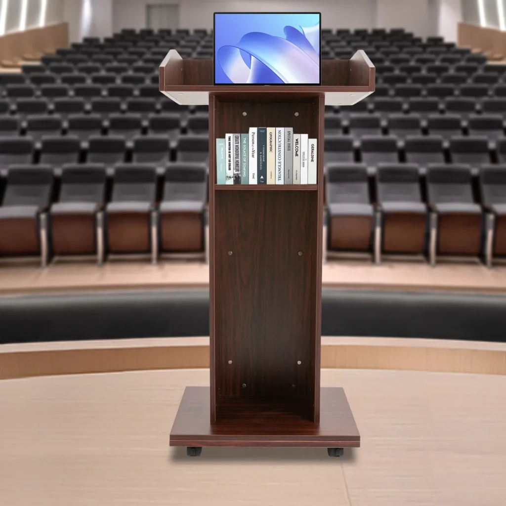 Púlpito ajustable para aula y conferencias de 43,3 x 22 x 15,3 pulgadas, podio de acero portátil con ruedas, tapa de madera maciza