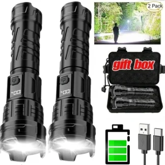 Linterna LED superbrillante, linterna recargable por USB con Zoom para exteriores, foco para pesca y caza, batería integrada 18650, linterna ABS