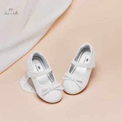 Zapatos planos de cuero con lazo blanco para niña, zapatillas de Princesa a la moda para fiesta de cumpleaños, primavera, DB1240207