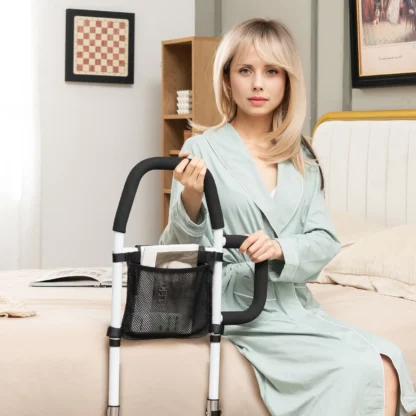 Riel de seguridad para cama para adultos y ancianos con correa de fijación de bolsillo de almacenamiento