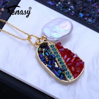 FENASY-collares con colgante de perlas barrocas grandes de agua dulce Natural para mujeres y niñas, colgante cuadrado de Color dorado, regalos de cumpleaños