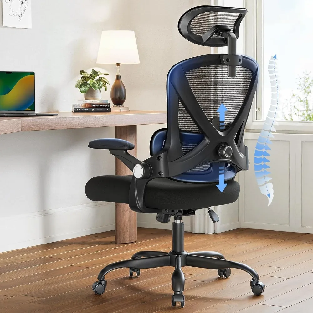Silla de oficina ergonómica, silla de escritorio con respaldo alto y soporte lumbar hacia arriba y hacia abajo, reposabrazos abatibles 3D, reposacabezas 2D, Tas giratorio para computadora
