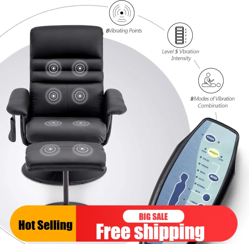 Sillón reclinable de primera calidad con otomana, sillón reclinable con masaje, silla de salón giratoria 360 de piel sintética 7902