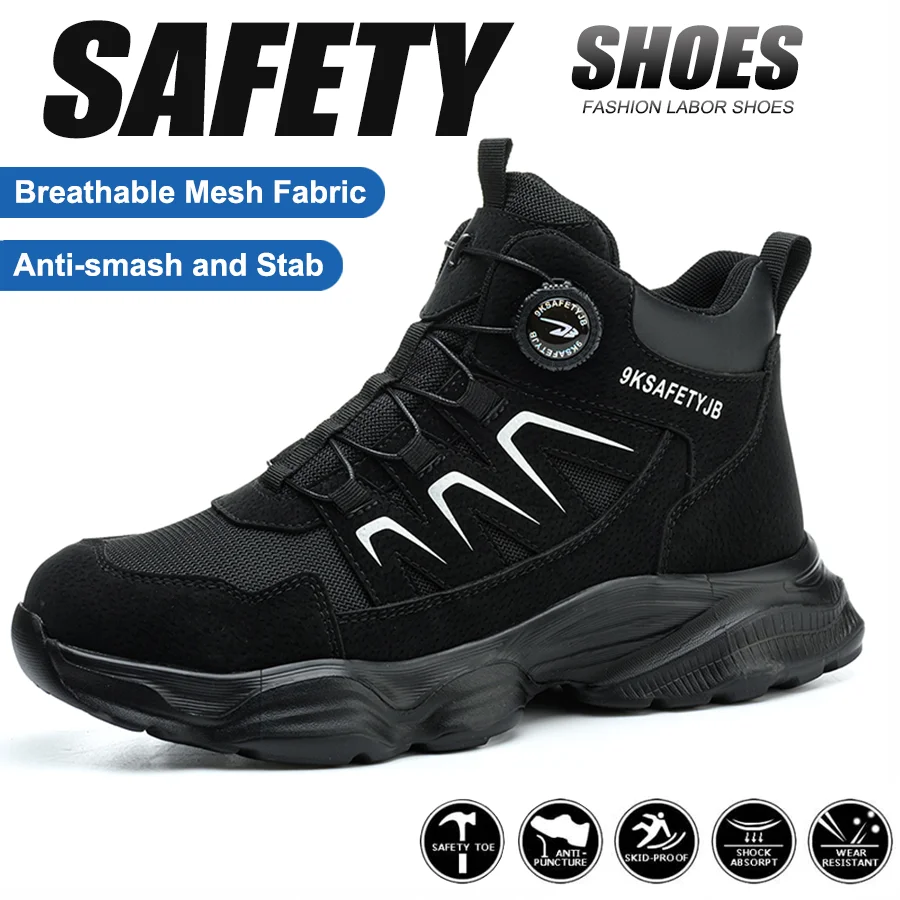 Zapatos de seguridad con botón giratorio, zapatos de trabajo con punta de acero para hombres, botas de trabajo de construcción, nuevas botas de seguridad indestructibles para hombres