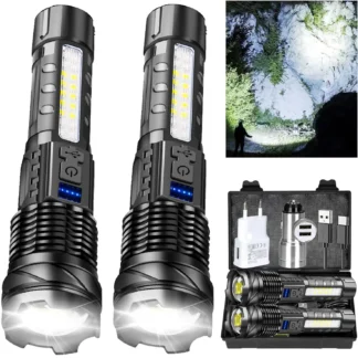 Potente linterna LED tipo C, recargable, resistente al agua, con luz lateral, 7 modos, lámpara con zoom para acampar, pescar