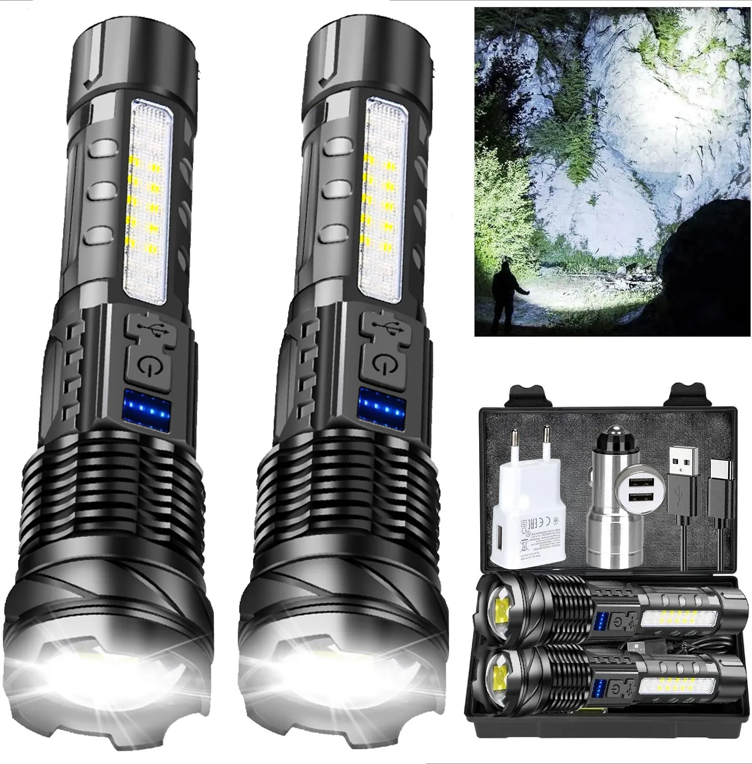 Potente linterna LED tipo C, recargable, resistente al agua, con luz lateral, 7 modos, lámpara con zoom para acampar, pescar