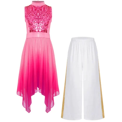 Trajes de baile de alabanza de adoración litúrgica para niñas, sin mangas, dobladillo asimétrico, corpiño de lentejuelas brillantes, vestido tipo túnica + pantalones de pierna ancha