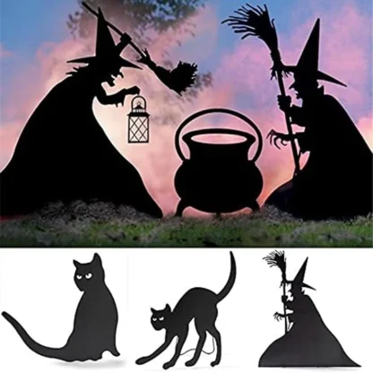 Silueta de bruja de Halloween, brujas de hierro forjado, caldero negro, letreros de patio de gato negro, patio frontal de casa familiar aterrador