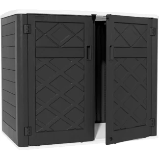 Cobertizo de almacenamiento grande para exteriores, gabinete de almacenamiento versátil de resina de 48 pies cúbicos para accesorios de Patio, botes de basura y herramientas de jardín, duradero