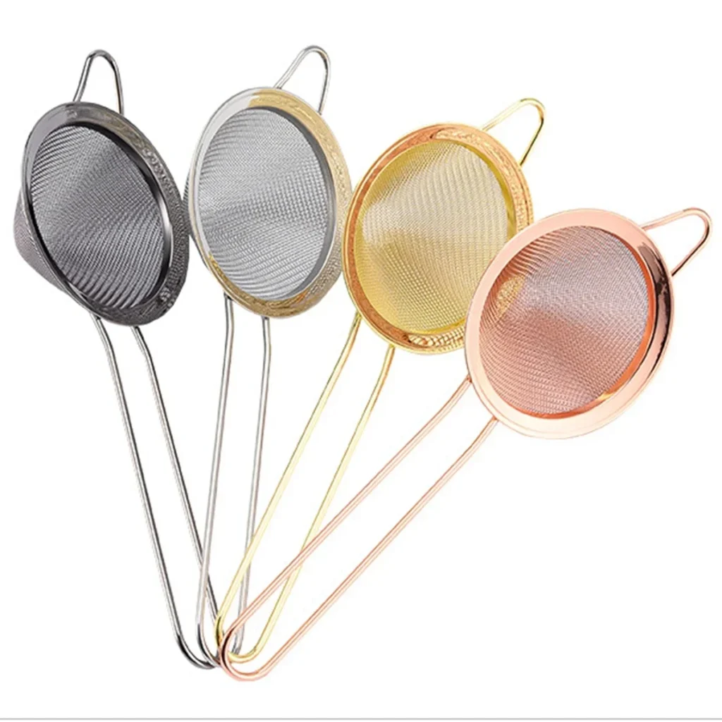 Colador de malla de acero inoxidable 304, colador de té fino, filtro de cóctel, coladores de malla de mango largo, colador de suelos de café