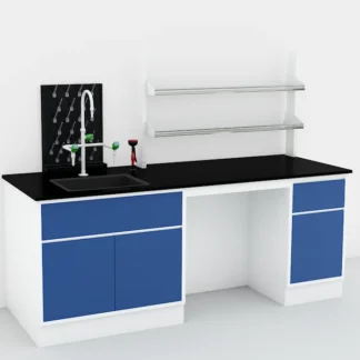 Banco de laboratorio de pared montado en el suelo LB-FM-10 con estantes para reactivos/grifo de agua/grifo