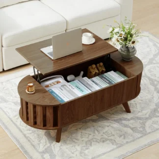 Mesa de centro elevable de 47,3" con almacenamiento oculto, mesa auxiliar pequeña con diseño de borde curvo, mesa central ovalada con tablero elevador