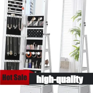 360 ° Gabinete de joyería giratorio con luces, espejo de tocador con pantalla, organizador de gabinete de joyería de pie, estante de maquillaje plegable, blanco