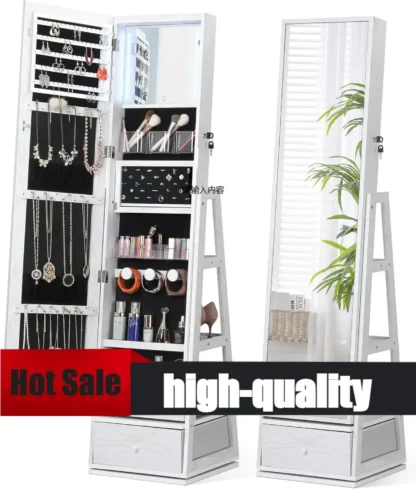 360 ° Gabinete de joyería giratorio con luces, espejo de tocador con pantalla, organizador de gabinete de joyería de pie, estante de maquillaje plegable, blanco