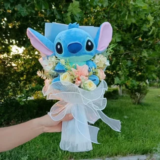 Ramo de Lilo & Stitch de Disney, derivados de animación con ramo de flores de seda, animales de peluche, regalo de cumpleaños, Navidad y San Valentín