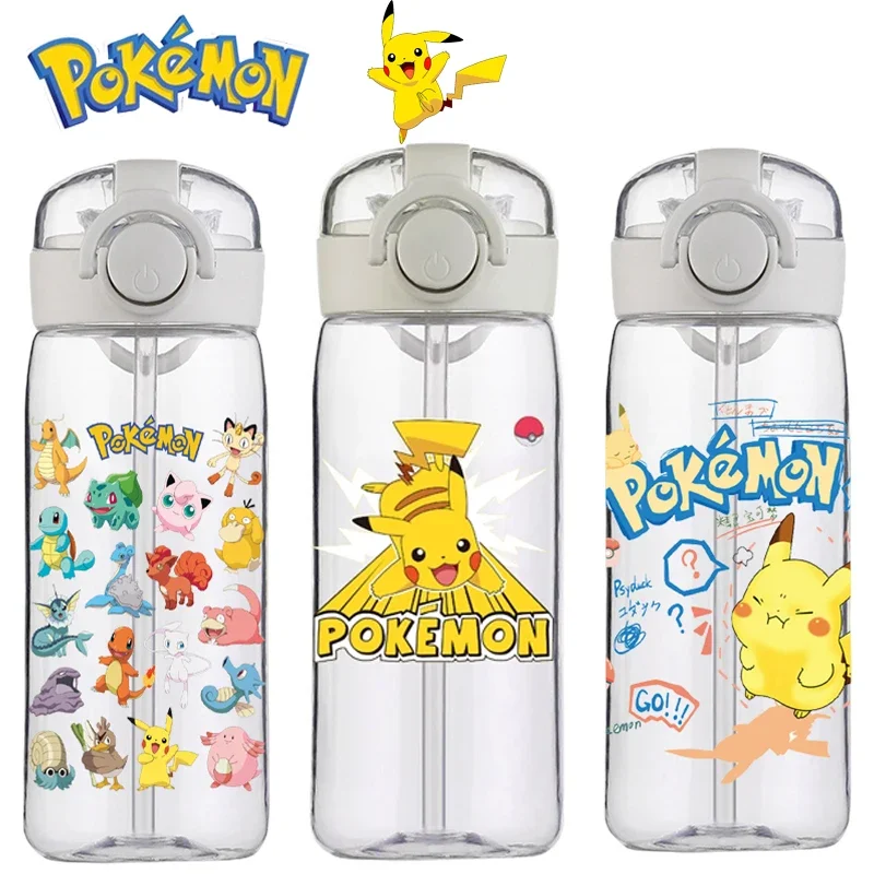 Botella de agua deportiva Pokemon Pikachu de 400ML, vaso a prueba de fugas de gran capacidad con dibujos animados para exteriores, vaso de plástico portátil motivacional con pajita