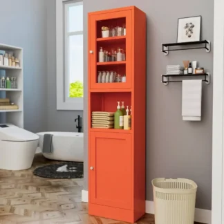 YQXH Gabinete de almacenamiento de metal naranja con puerta de vidrio, gabinete de almacenamiento con taquilla de metal con 3 estantes ajustables y 2 puertas