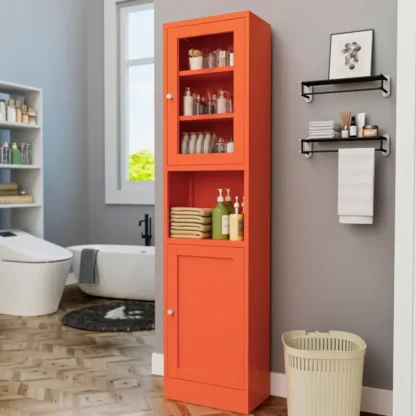 YQXH Gabinete de almacenamiento de metal naranja con puerta de vidrio, gabinete de almacenamiento con taquilla de metal con 3 estantes ajustables y 2 puertas