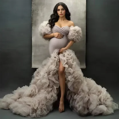 Vestido de sesión de fotos de maternidad de manga corta con volantes, vestido de sesión de fotos de embarazo amigable con golpes altos y bajos, vestido de fotografía para Baby Shower
