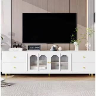 Mueble para TV blanco moderno para televisores de hasta 75 pulgadas. con puertas de cristal, 4 cajones, 2 gabinetes, patas y tiradores de metal