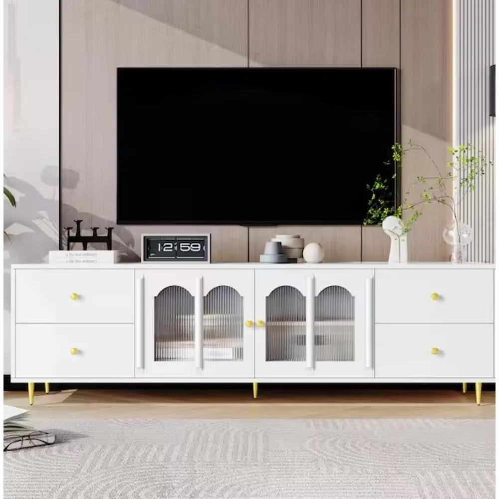 Mueble para TV blanco moderno para televisores de hasta 75 pulgadas. con puertas de cristal, 4 cajones, 2 gabinetes, patas y tiradores de metal