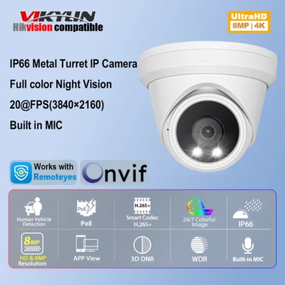 VIKYLIN Hikvision Compatible a todo Color 8MP torreta cámara IP personas detección de coche seguridad exterior Video vigilancia cámara POE