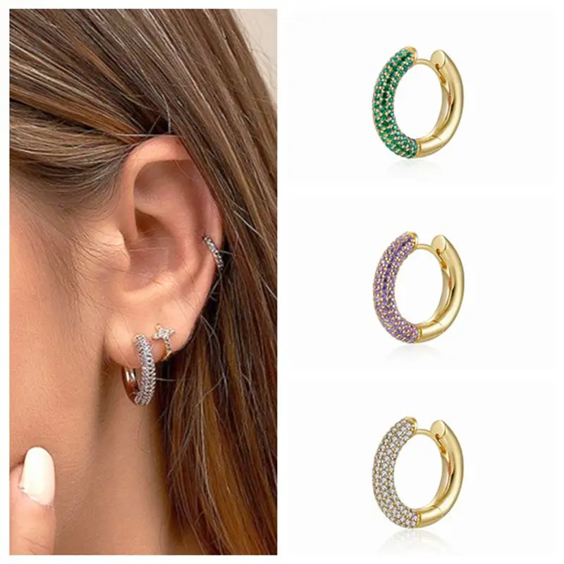 Pendientes de aro redondos/rectangulares coloridos con aguja de Plata de Ley 925 para mujer, colgante de corazón de cristal pavimentado, pendientes dorados, joyería, 1 ud.