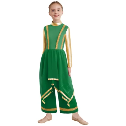 Vestido de baile de alabanza litúrgica para niñas, vestido de manga larga con ribete dorado, bloque de Color metálico, dobladillo Irregular, pantalones de pierna ancha