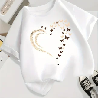 Girls' Red Heart & Butterfly Graphic T-Shirt Casual Round Neck Summer Top with "LOVE" Design Short Sleeve for Casual Attire