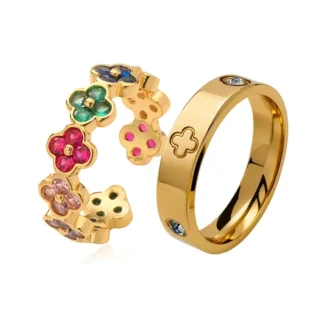 Diseño de nicho francés 2pcs afortunados anillos de circono de flores de cuatro hojas para regalos de joyería de compromiso de anillo de dedo de acero inoxidable para mujeres