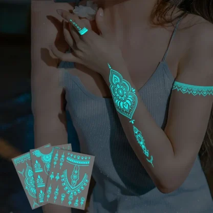 Tatuaje adhesivo luminoso azul, resistente al agua, temporal, para dedo, muñeca, arte corporal, tatuaje de mariposa falsa para fiesta de Festival de Música
