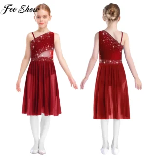 Vestido de baile lírico moderno para niñas, un hombro, diamantes de imitación brillantes, leotardo de malla transparente, Ropa de baile para patinaje artístico, gimnasia