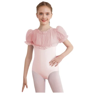 Leotardo de Ballet para niñas, leotardo de baile con volantes, cuello redondo, mangas cortas abombadas, corpiño de retazos de malla transparente fruncido, mono para práctica