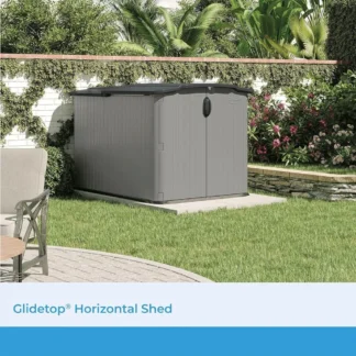 Glidetop Cobertizo de almacenamiento horizontal para exteriores con tapa y puertas corredizas bloqueables almohadilla, cobertizo para todo tipo de clima para almacenamiento en el patio, 57,5" de ancho x