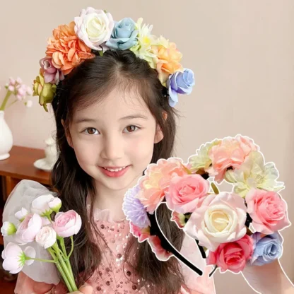 Diadema de flores de simulación para niños, diadema colorida Floral para fotografía artística de boda, diademas para el pelo para niñas, accesorios para el cabello