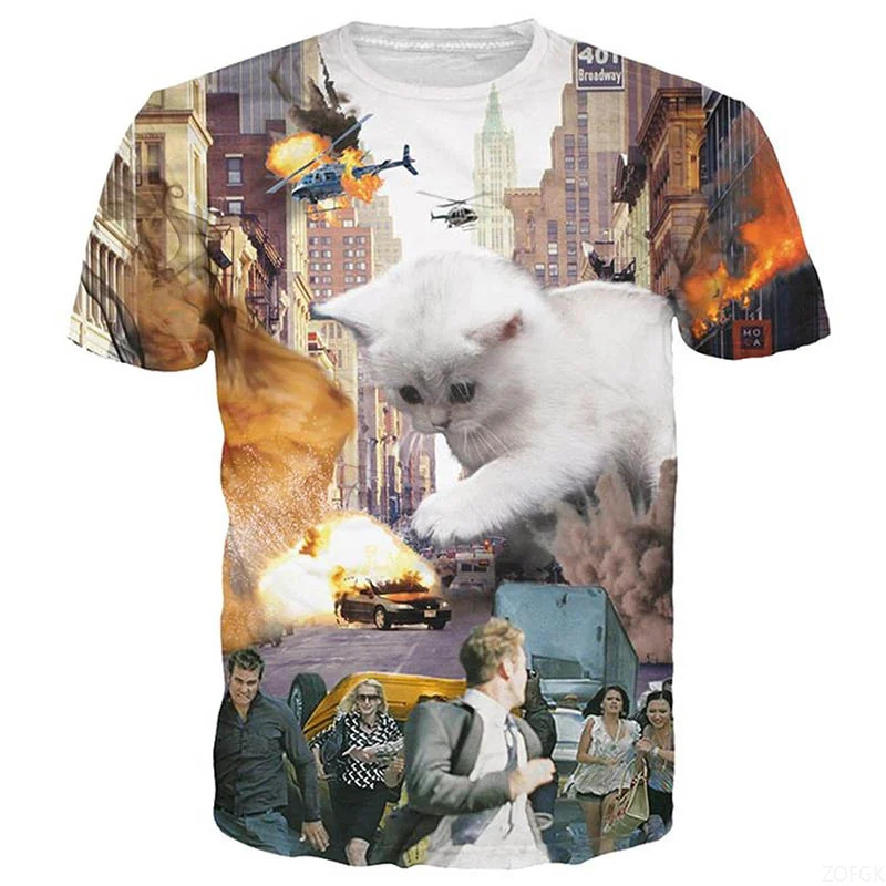 Camiseta con estampado de gato divertido en 3D de animales, camiseta holgada de manga corta con cuello redondo, ropa informal de calle a la moda, camiseta Harajuku