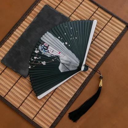 Abanico plegable clásico japonés de estilo chino, abanico de bambú negro de estilo antiguo, abanico plegable portátil hecho a mano para mujer, espectáculo Cheongsam
