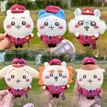 8cm 6 modelos [Uniforme de comandante del tren] Chiikawa Hachiware Usagi Kawaii lindo regalo para niños mochila de felpa colgante de llave