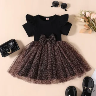 1 Uds. Vestido de verano con estampado de leopardo para niña, vestido de malla con cuello redondo y mangas cortas, vestido de princesa con lazo para niño, falda bonita y dulce para bebé